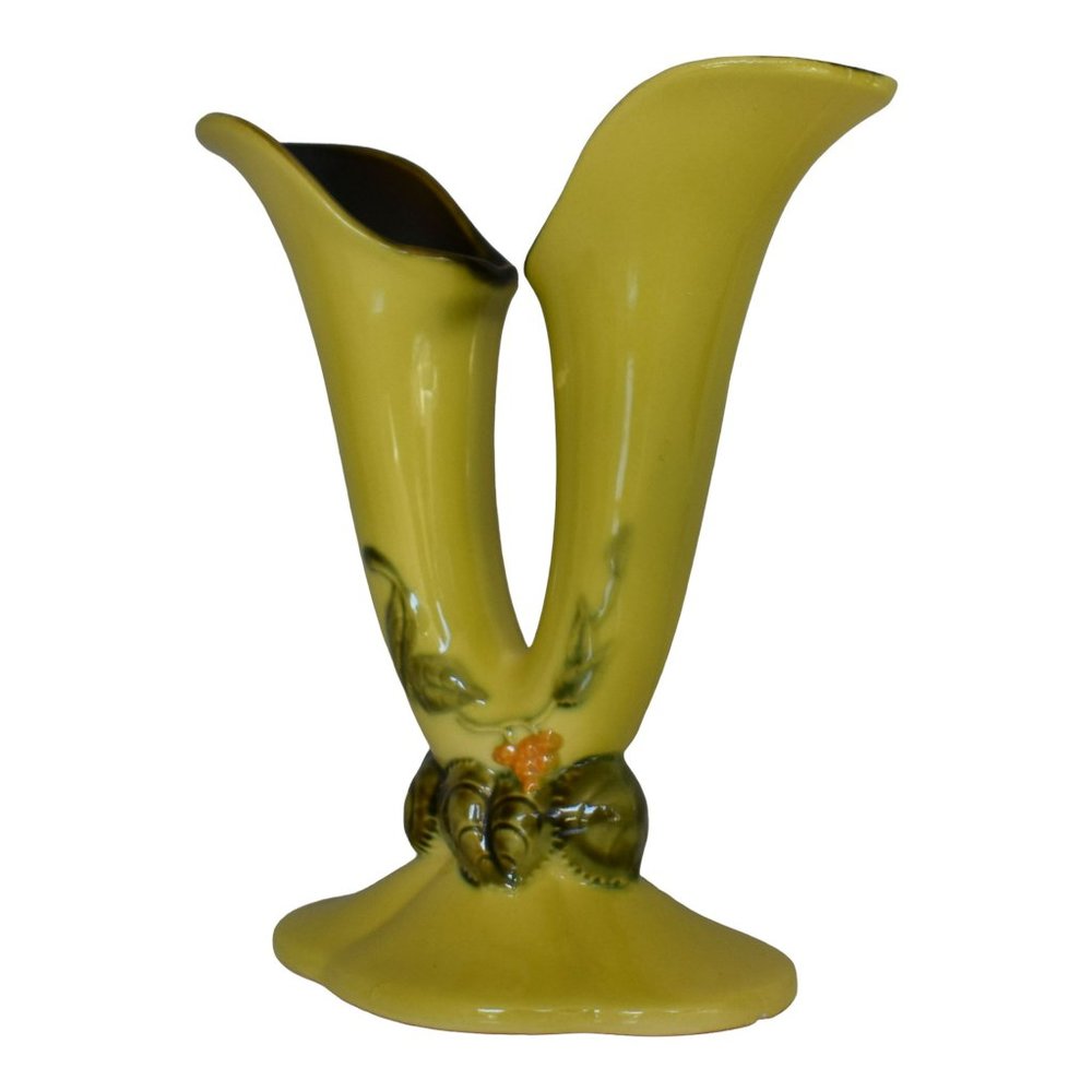 50s Hull Pottery Woodland Double Bud Vase Green W/ Pink Floral W-15 8 1/2"